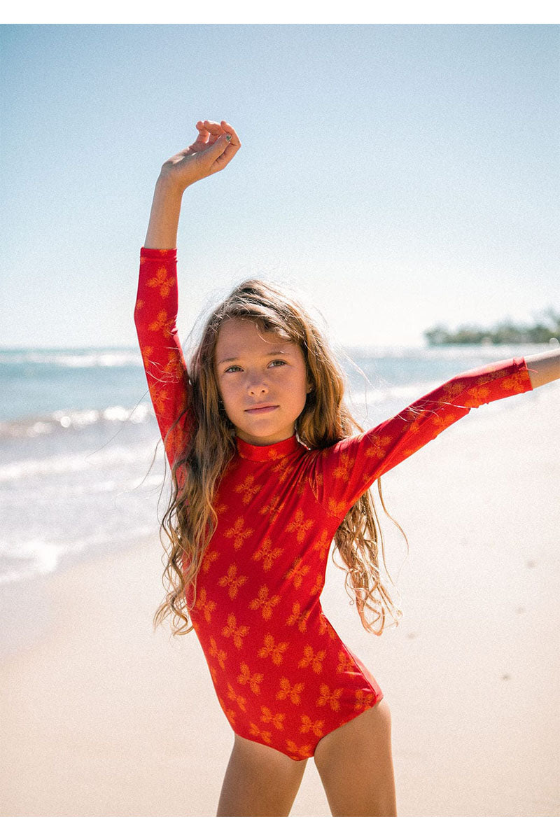 Red long sleeve swimsuit on sale